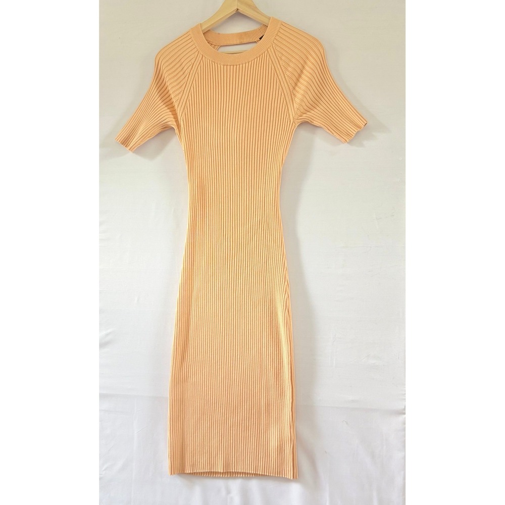 House of Harlow 1960 Ribbed Knit Cross Front Cutout Midi Dress Peach Orange Med
